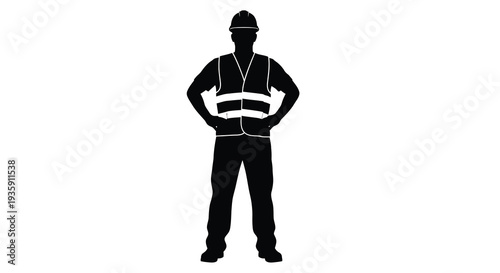 A stark black silhouette of a construction worker wearing a hard hat vest and work pants silhouette high quality