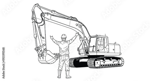 A detailed line drawing depicts an excavator and construction worker gesturing highlighting industrial power and human scale silhouette