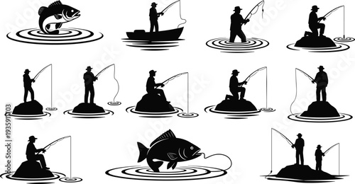 Fisherman silhouette set featuring angling on rocks, boat fishing, catching large fish, and outdoor lake recreation for professional vector design projects.