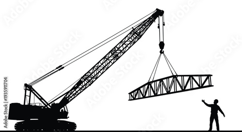 A dramatic black silhouette showcases a large crane lifting a steel girder with a worker observing silhouette high quality