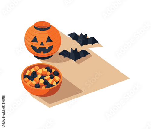 Halloween party prep concept with simple pumpkin lantern paper bats and candy bowl arranged neatly seen from top-down view,