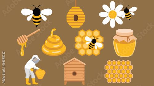 Bees and Honey Production Elements with Beehives, Beekeeper, and Honeycomb Flat Vector Illustration