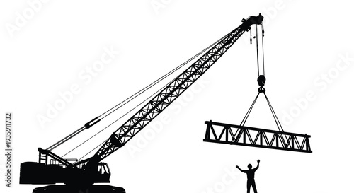A striking black silhouette of a large construction crane lifting a steel girder over a tiny worker silhouette