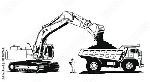 A detailed illustration depicts a large excavator unloading material into a dump truck with a worker nearby silhouette