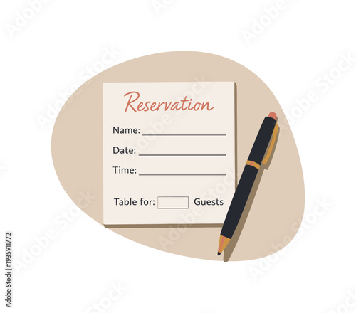 Calm restaurant reservation concept with reservation card and pen slightly angled for balance shown from above, arranged in the