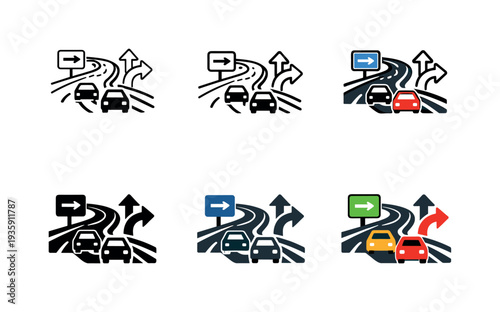Road travel icon showing stylized highways, cars, road signs, and directional arrows representing long-distance travel, commuting