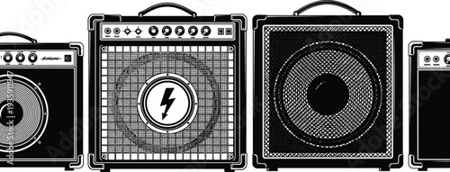Guitar amplifier speaker cabinets set, vintage music equipment line art collection, rock band sound system vector illustration