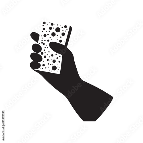 Black silhouette of a gloved hand holding a rectangular cleaning sponge with many small circular pores on a white background