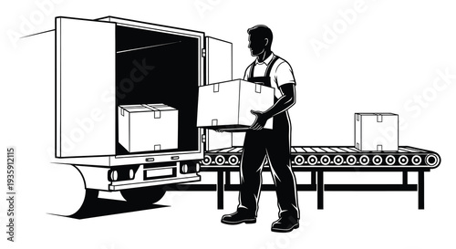 A worker stands near a delivery truck with cardboard boxes unloading them onto a conveyor belt silhouette high quality