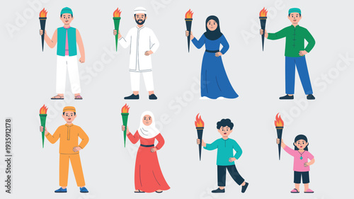 Diverse Muslim People Holding Torches Isolated Vector Illustration