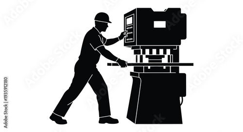 A worker is seen operating a complex industrial machine in a striking black silhouette high quality professional detailed modern