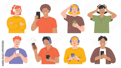 Diverse Young People Using Smartphones and Headphones Isolated on White Flat Design Illustration
