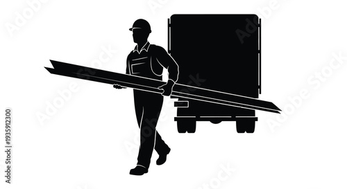 A worker carrying lumber walks alongside a delivery truck depicted as a striking black silhouette high quality professional detailed