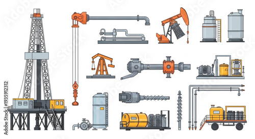 Collection of oil and gas industry equipment and machinery illustrations.