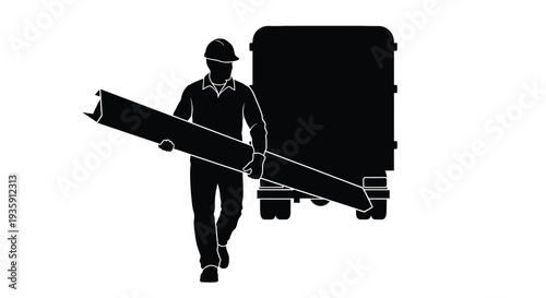 A construction worker carries a large pipe while standing near a truck depicted in stark silhouette high quality professional