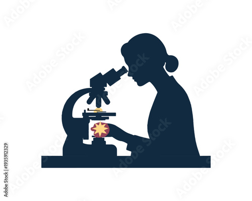 Silhouette of a female scientist looking through a microscope at a star-shaped specimen on a lab table symbolizing scientific