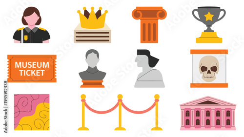 Museum Exhibition Flat Design Icons Set with Curator, Artifacts, and Building