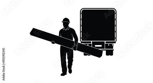 A worker carrying lumber stands before a delivery truck depicted in a striking black silhouette high quality professional detailed