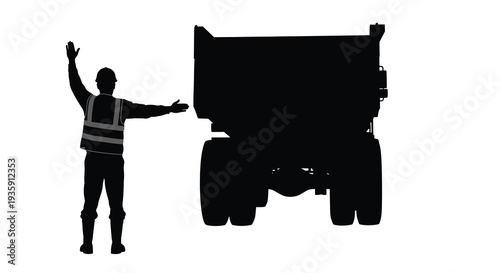 A construction worker directs a large dump truck in a stark black silhouette high quality professional detailed modern elegant