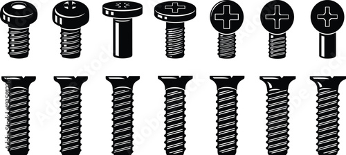 Screw and Bolt Silhouette Set Metal Fastener Hardware Tool Collection Isolated on White Background