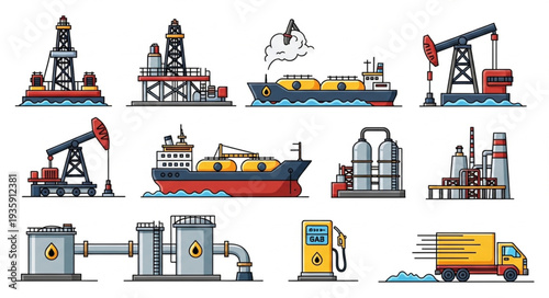 Collection of Oil and Gas Industry Equipment and Transportation Icons.