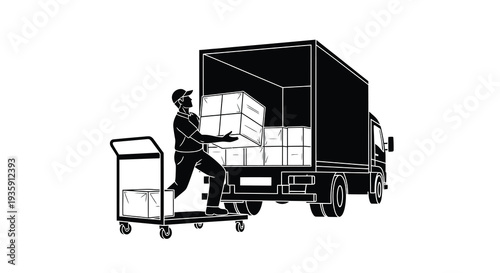 A delivery worker loads boxes from a truck onto a dolly captured in a striking black silhouette high quality