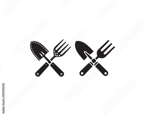Two black silhouette of gardening hand tools including a trowel and a cultivator fork crossed over each other on a white
