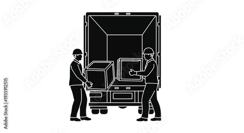 Two workers unloading boxes from a truck depicted in a stark minimalist black and white silhouette high quality professional