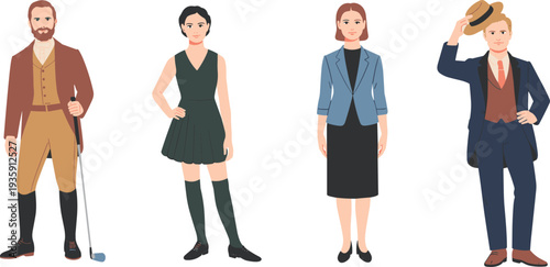 Stylish People Character Set Including Golfer Woman Businesswoman and Gentleman in Flat Vector Illustration Isolated