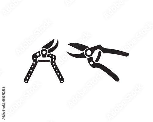 Two black silhouette of pruning shears or garden secateurs with different handle and open blades on a white background