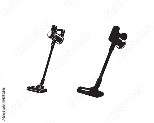 Two black silhouette of modern cordless stick vacuum cleaners with different and angled stances on a white background