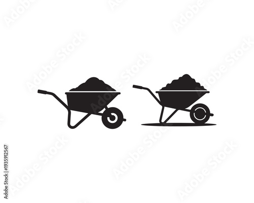 Two black silhouette of wheelbarrows filled with soil, one on a flat surface and the other slightly elevated on a white