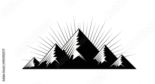 Black Silhouette of Mountains with Sun Rays.