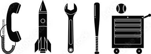 Telephone Rocket Wrench Baseball Bat and Tool Chest Silhouette Icon Set Isolated on White Background
