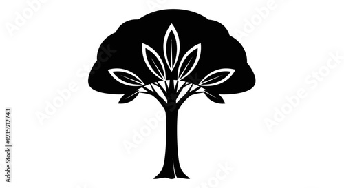 Black Silhouette Tree with White Leaves.