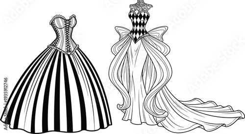 Victorian Fantasy Corset Dress and Elegant Carnival Gown Line Art Fashion Illustration Set Isolated