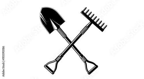 Crossed Shovel and Rake Gardening Tools.