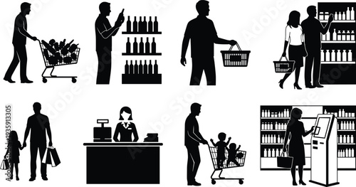 People shopping in supermarket silhouette set featuring customers with carts, baskets, families, cashiers, and self-checkout for retail store vector design.