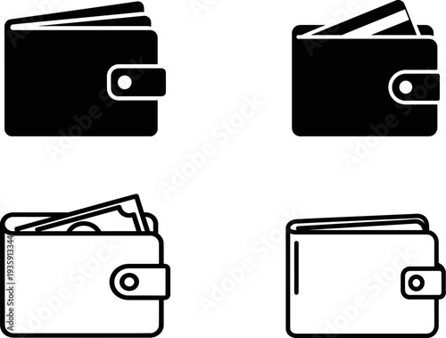 Four different views of wallets with cash and cards