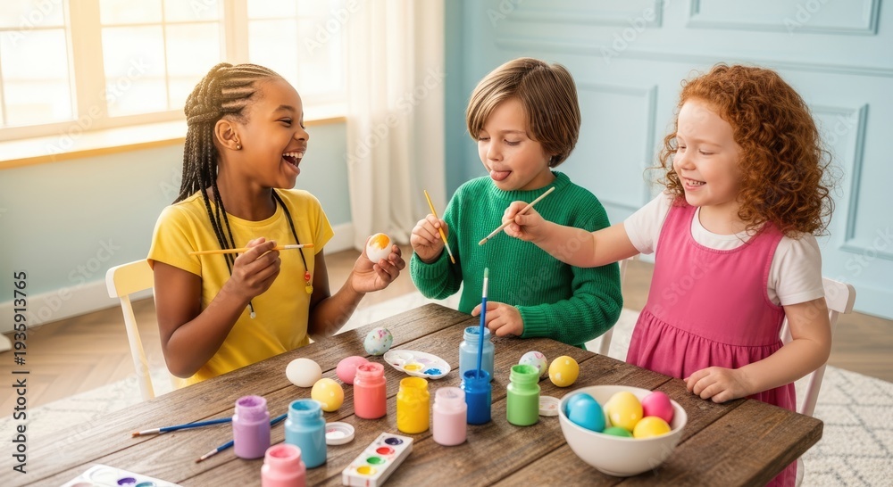 Obraz premium Diverse kids decorate colorful eggs together indoors. Natural daylight creates a warm and authentic atmosphere. Spring Easter