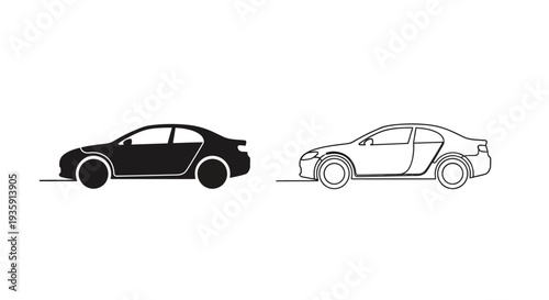 Two stylized sedan car outlines one black and one white side view