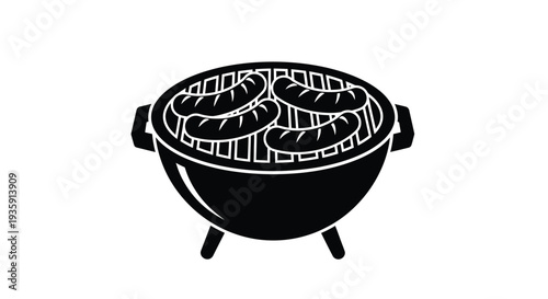 Black and white illustration of a grill with several sausages cooking
