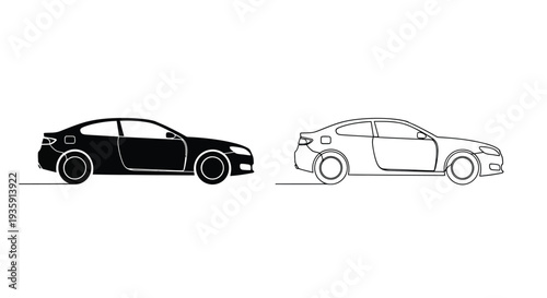 Black and white outline of a modern sports car from a side view