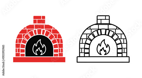 Two fireplace designs a red brick version and a black and white outline