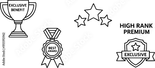 Exclusive Benefit, Special Offer, Best Award, High Rank Premium Icons Pack. Such Line Signs as Champion Cup, Stars, Medal. Vector Icons Set for Web and App in Outline Style Editable Stroke.