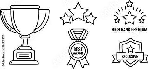 Exclusive Benefit, Special Offer, Best Award, High Rank Premium Icons Pack. Such Line Signs as Champion Cup, Stars, Medal. Vector Icons Set for Web and App in Outline Style Editable Stroke.