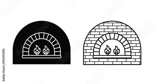 Black and white illustration of a traditional brick oven with burning flames