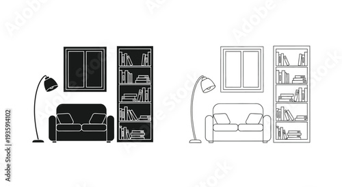 Minimalist room setup with sofa bookshelf and floor lamp illustrations