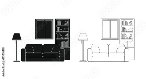 Line art illustration of a living room with furniture and bookshelves