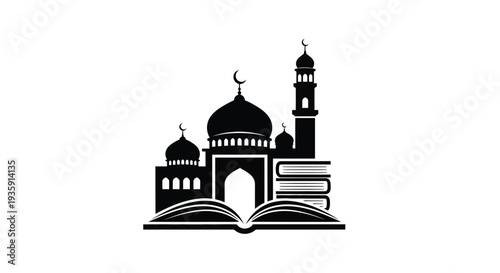 Black silhouette of a mosque integrated with open books representing islamic knowledge